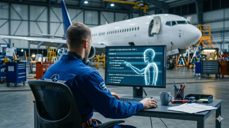Técnico de aviación realizando examen EASA Part-66 online con una IA leyendo las preguntas en pantalla